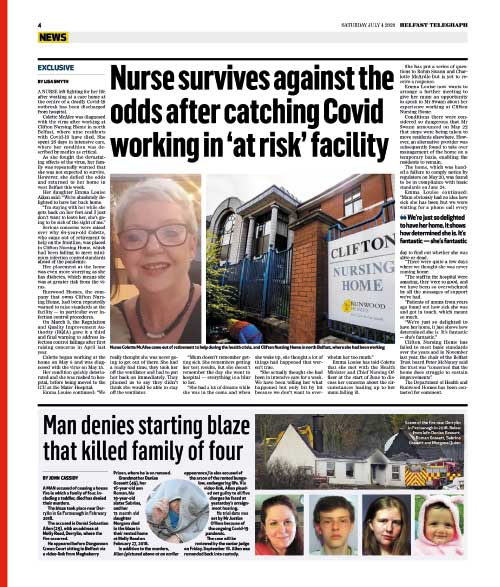 Belfast Telegraph (4 July) about the volunteer who got coronavirus.
