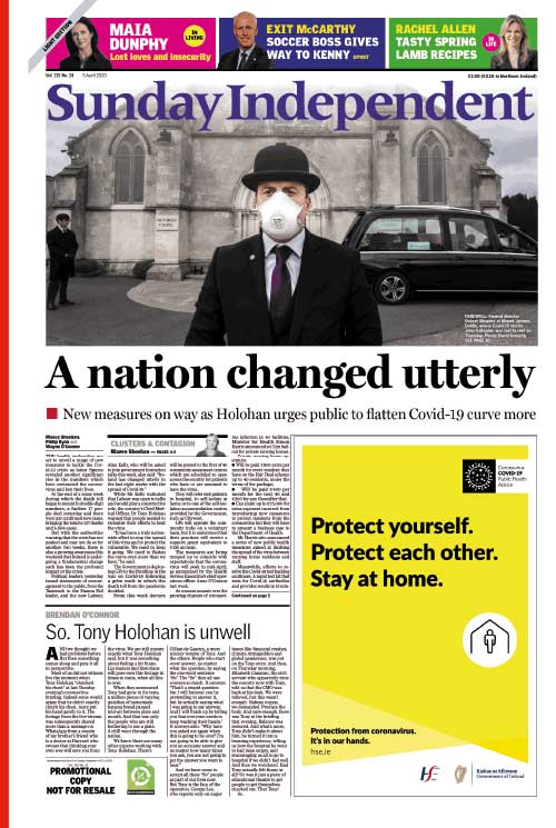Voorpagina van de Sunday Independent (5 april 2020).